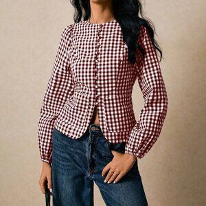 Burgundy Casual Women's Plaid Single-Breasted Lantern Sleeve Shirt